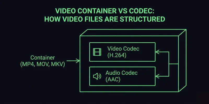 Diagram explaining video container vs codec structure