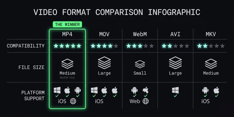 Video format comparison infographic MP4 vs MOV vs WebM vs AVI vs MKV