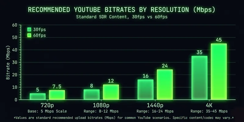 Recommended YouTube bitrates by resolution bar chart