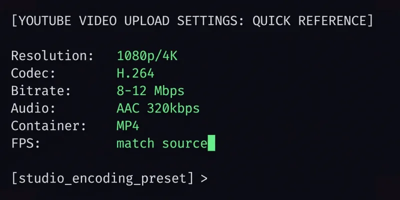 YouTube video upload settings quick reference card